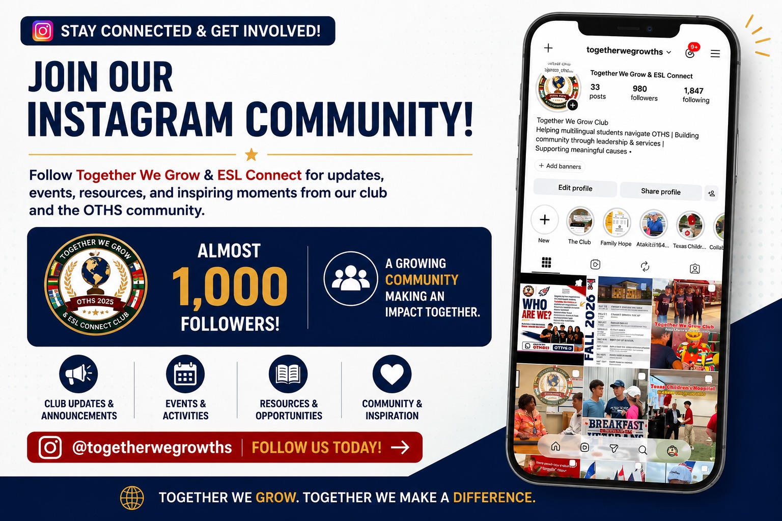Graphic inviting students to join the Together We Grow & ESL Connect Instagram community, showing the profile and nearly 1,000 followers